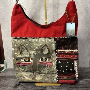 Laurel Burch Whiskered Cat Handbag Shoulder Tote HOBO Red Gray Black